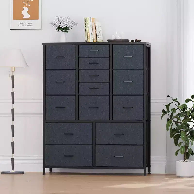 Cómoda de 15 cajones para dormitorio, Cómoda alta y sinfonieres, Cómodas de tela que ahorran espacio para armario, pasillo, sala de estar, gris