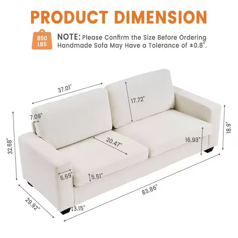Sofá moderno tapizado en pana de 83 pulgadas con reposabrazos, sofá resistente tipo nube con asiento profundo para sala de estar y apartamento, Beige