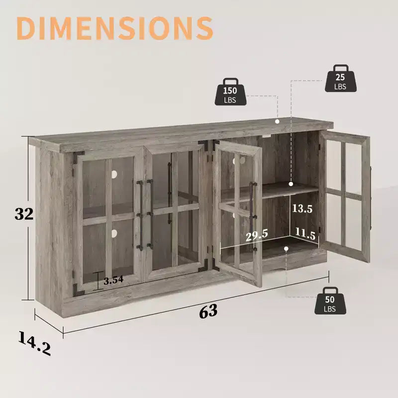 AMERLIFE Aparador de Granja de 63 pulgadas, Buffet de Madera con Puertas de Vidrio, Estantes, Almacenamiento para Sala de Estar, Barra de Café