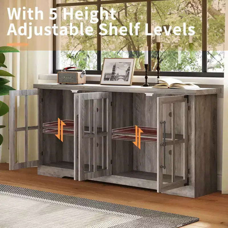 AMERLIFE Aparador de Granja de 63 pulgadas, Buffet de Madera con Puertas de Vidrio, Estantes, Almacenamiento para Sala de Estar, Barra de Café