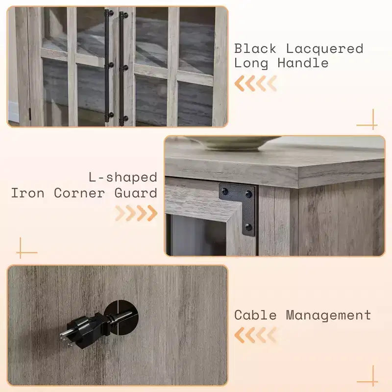 AMERLIFE Aparador de Granja de 63 pulgadas, Buffet de Madera con Puertas de Vidrio, Estantes, Almacenamiento para Sala de Estar, Barra de Café