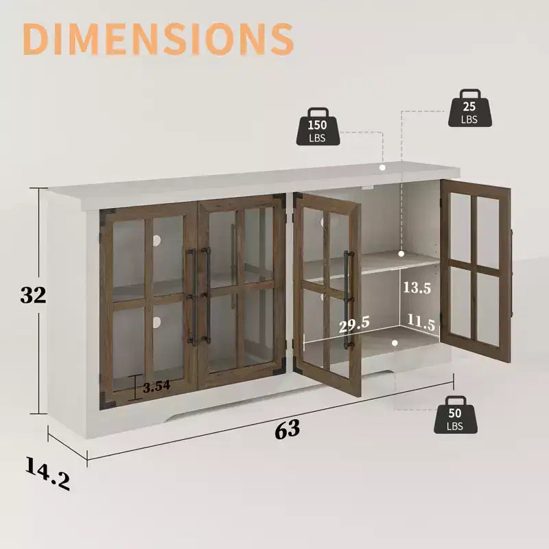 AMERLIFE Aparador de Granja de 63 pulgadas, Buffet de Madera con Puertas de Vidrio, Estantes, Almacenamiento para Sala de Estar, Barra de Café