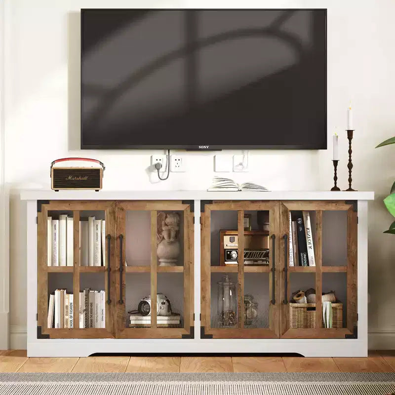 AMERLIFE Aparador de Granja de 63 pulgadas, Buffet de Madera con Puertas de Vidrio, Estantes, Almacenamiento para Sala de Estar, Barra de Café