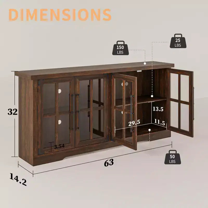 AMERLIFE Aparador de Granja de 63 pulgadas, Buffet de Madera con Puertas de Vidrio, Estantes, Almacenamiento para Sala de Estar, Barra de Café