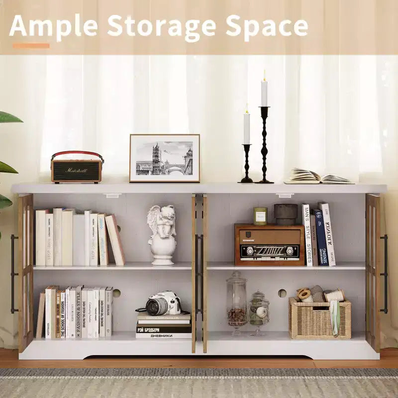 AMERLIFE Aparador de Granja de 63 pulgadas, Buffet de Madera con Puertas de Vidrio, Estantes, Almacenamiento para Sala de Estar, Barra de Café