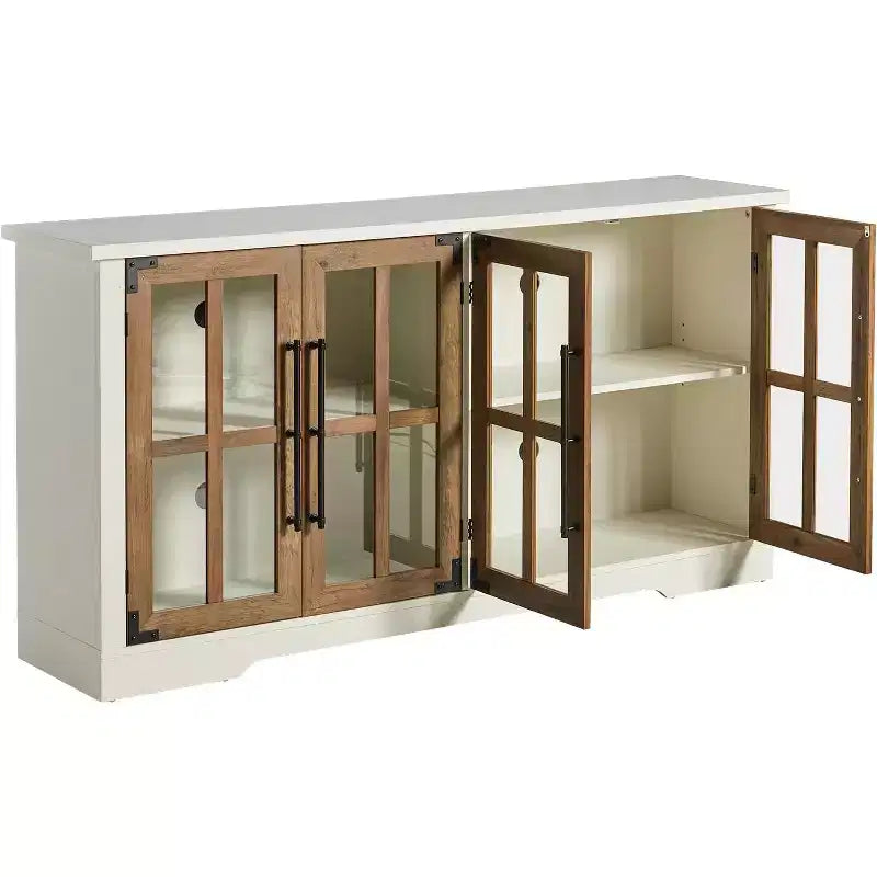 AMERLIFE Aparador de Granja de 63 pulgadas, Buffet de Madera con Puertas de Vidrio, Estantes, Almacenamiento para Sala de Estar, Barra de Café