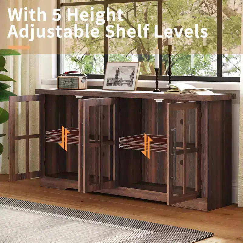 AMERLIFE Aparador de Granja de 63 pulgadas, Buffet de Madera con Puertas de Vidrio, Estantes, Almacenamiento para Sala de Estar, Barra de Café