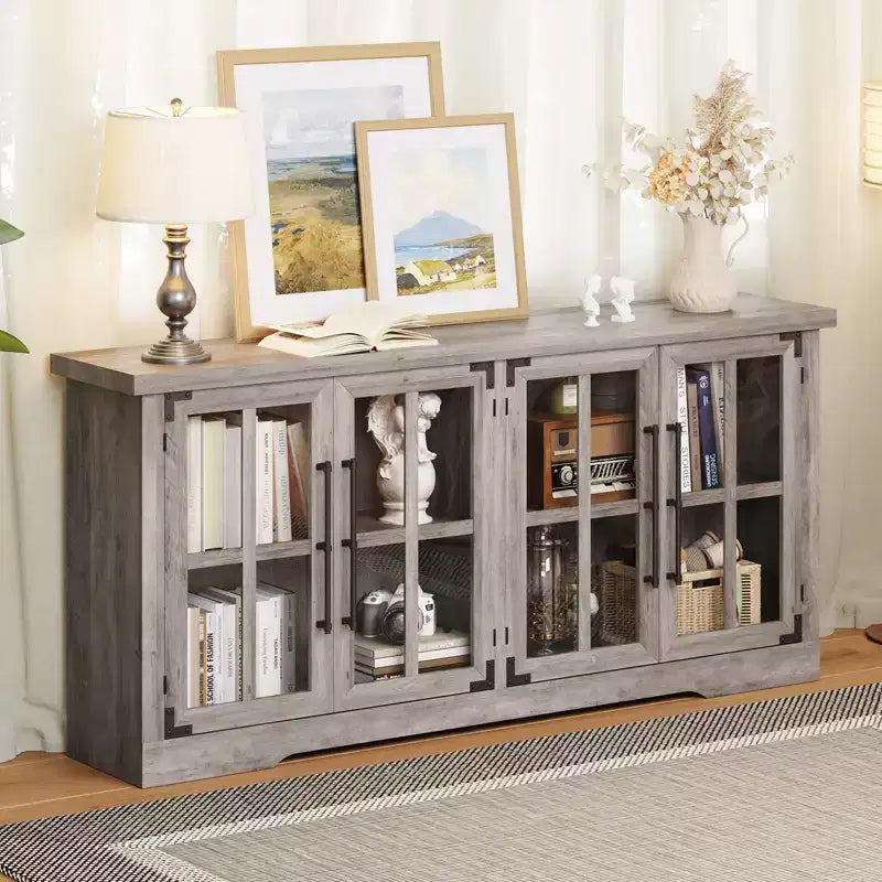 AMERLIFE Aparador de Granja de 63 pulgadas, Buffet de Madera con Puertas de Vidrio, Estantes, Almacenamiento para Sala de Estar, Barra de Café