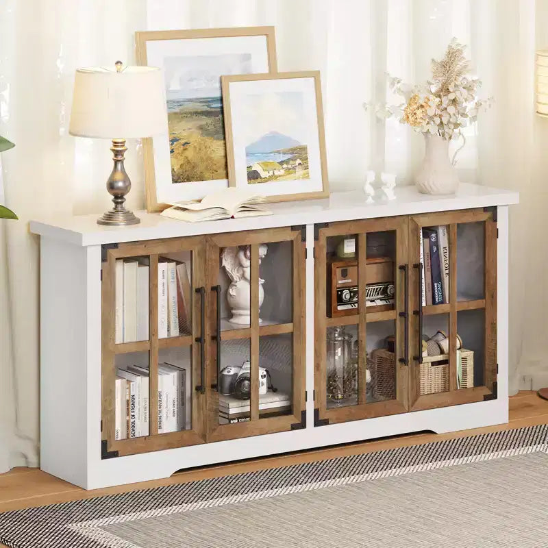 AMERLIFE Aparador de Granja de 63 pulgadas, Buffet de Madera con Puertas de Vidrio, Estantes, Almacenamiento para Sala de Estar, Barra de Café