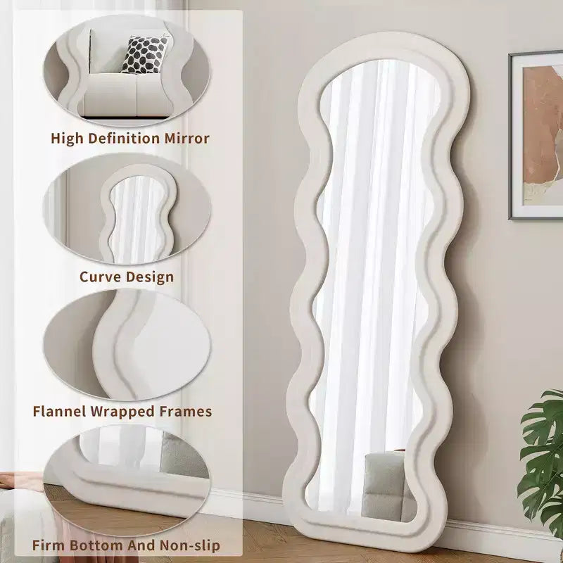 Espejo de cuerpo entero ondulado de franela – Diseño de madera acolchada suave, de pie o de pared, 160 cm, 3 colores
