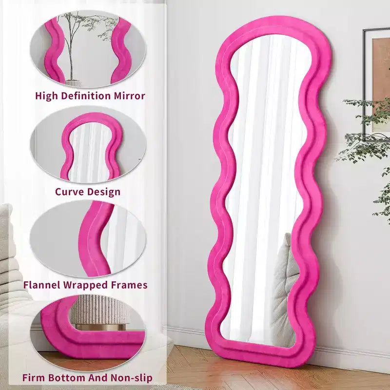 Espejo de cuerpo entero ondulado de franela – Diseño de madera acolchada suave, de pie o de pared, 160 cm, 3 colores