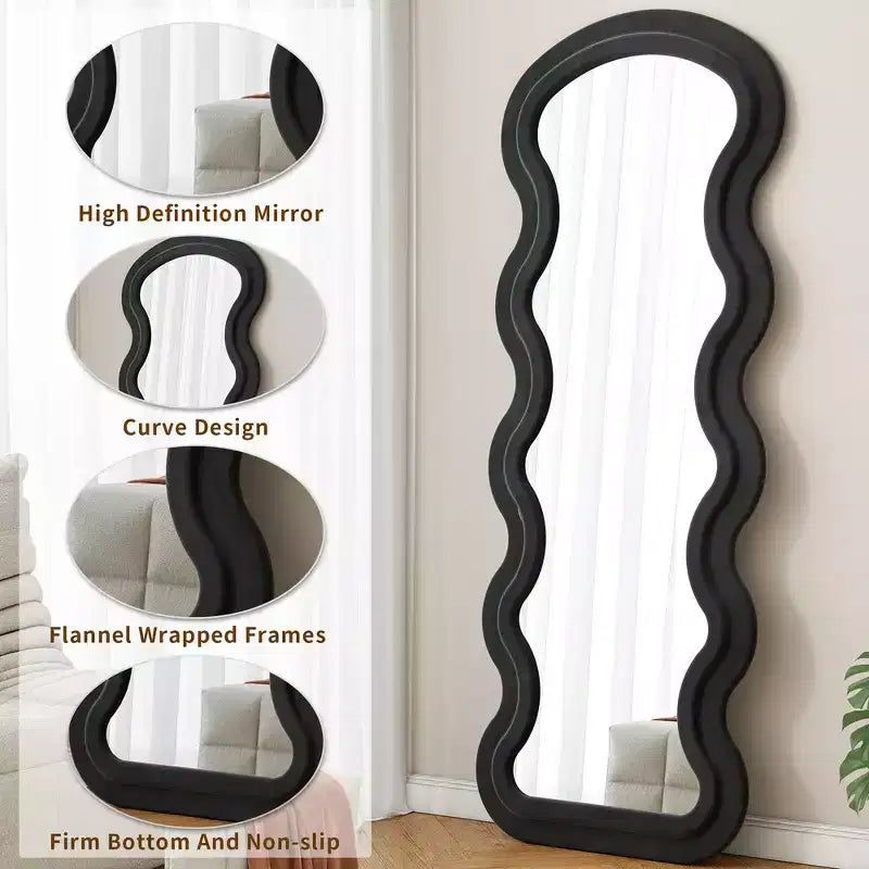 Espejo de cuerpo entero ondulado de franela – Diseño de madera acolchada suave, de pie o de pared, 160 cm, 3 colores