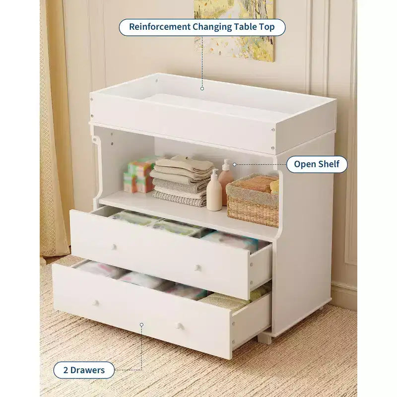 Mesa cambiador, cómoda cambiador moderna de madera con 2 cajones, cambiador multiusos para bebés para cuarto de bebé, dormitorio