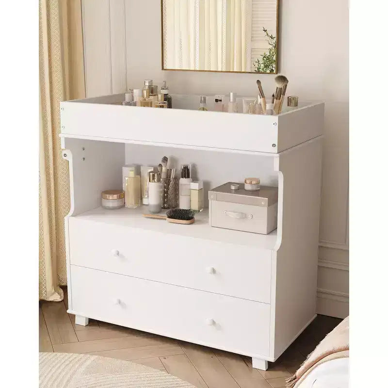Mesa cambiador, cómoda cambiador moderna de madera con 2 cajones, cambiador multiusos para bebés para cuarto de bebé, dormitorio