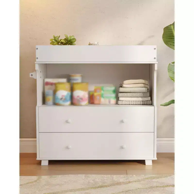 Mesa cambiador, cómoda cambiador moderna de madera con 2 cajones, cambiador multiusos para bebés para cuarto de bebé, dormitorio