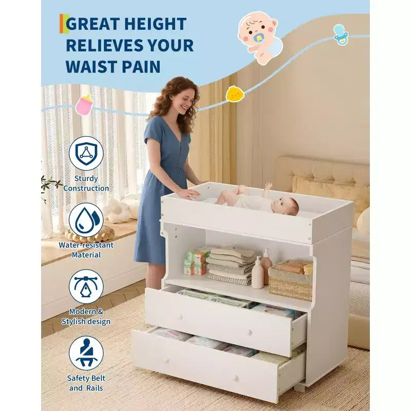 Mesa cambiador, cómoda cambiador moderna de madera con 2 cajones, cambiador multiusos para bebés para cuarto de bebé, dormitorio