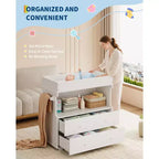Mesa cambiador, cómoda cambiador moderna de madera con 2 cajones, cambiador multiusos para bebés para cuarto de bebé, dormitorio