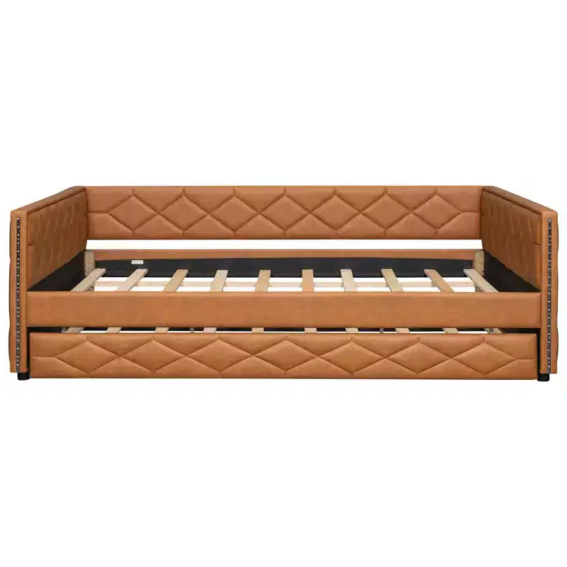 Sofá cama Full XL tapizado con nido – Estructura de pino, cuero de PU, reposabrazos con capitoné