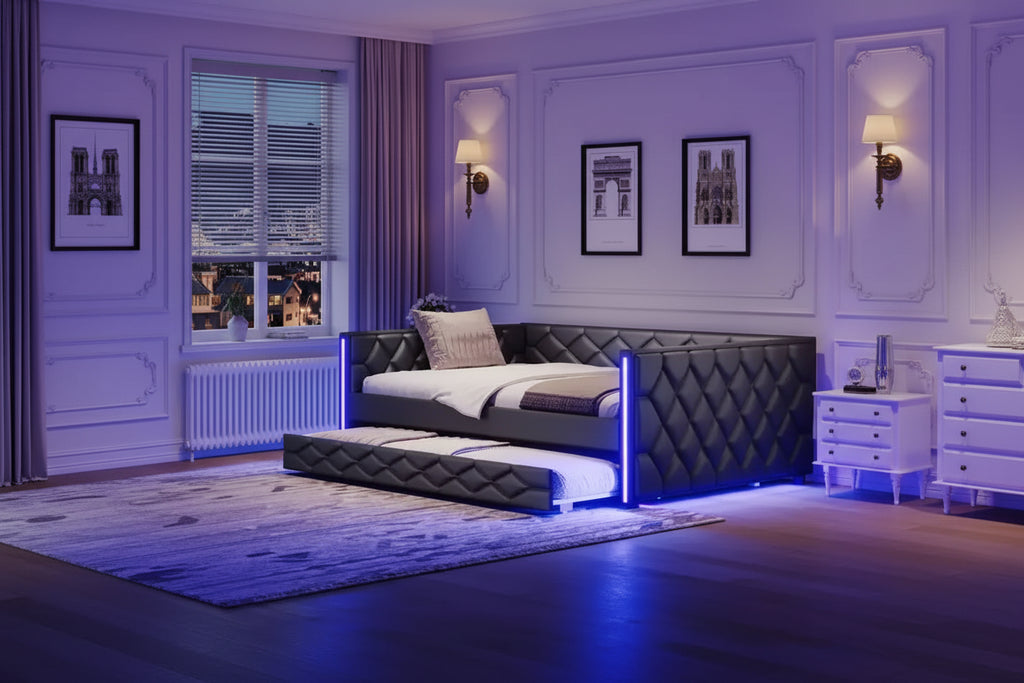 Sofá cama Full XL tapizado con nido – Estructura de pino, cuero de PU, reposabrazos con capitoné