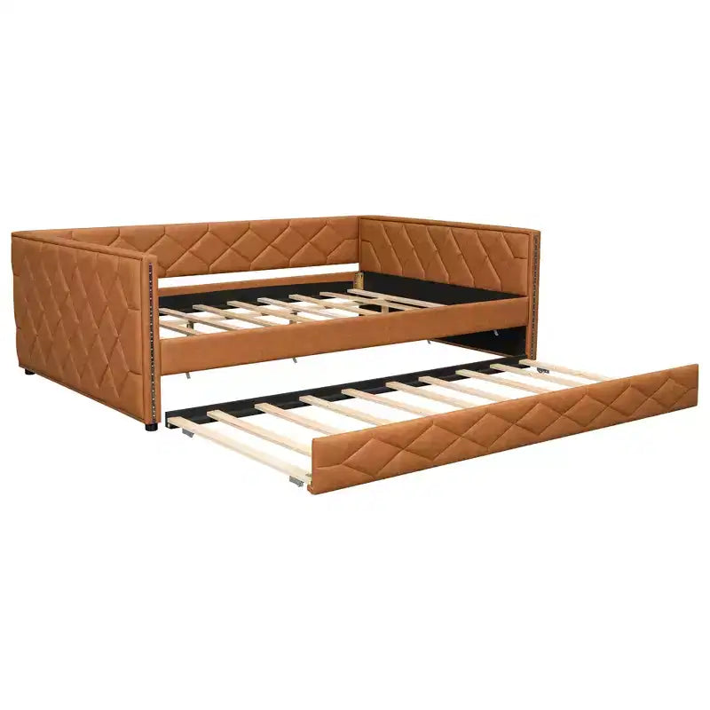 Sofá cama Full XL tapizado con nido – Estructura de pino, cuero de PU, reposabrazos con capitoné
