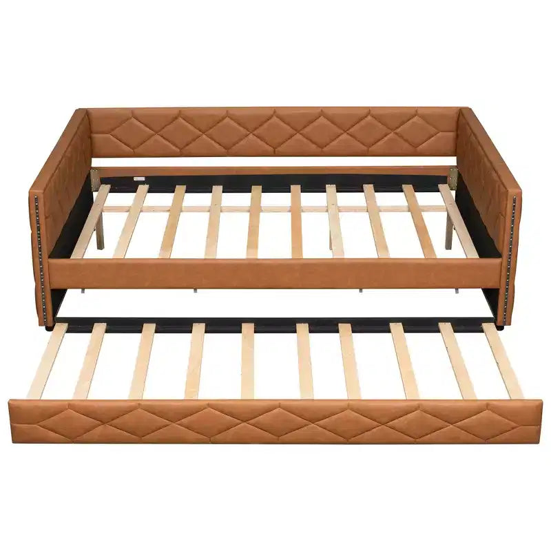 Sofá cama Full XL tapizado con nido – Estructura de pino, cuero de PU, reposabrazos con capitoné