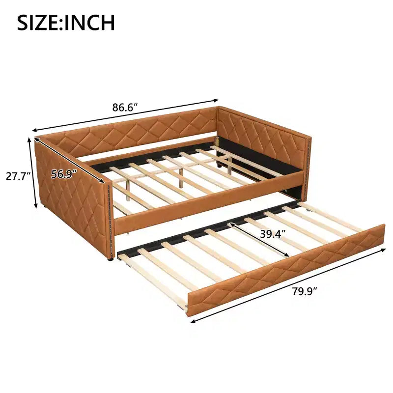 Sofá cama Full XL tapizado con nido – Estructura de pino, cuero de PU, reposabrazos con capitoné