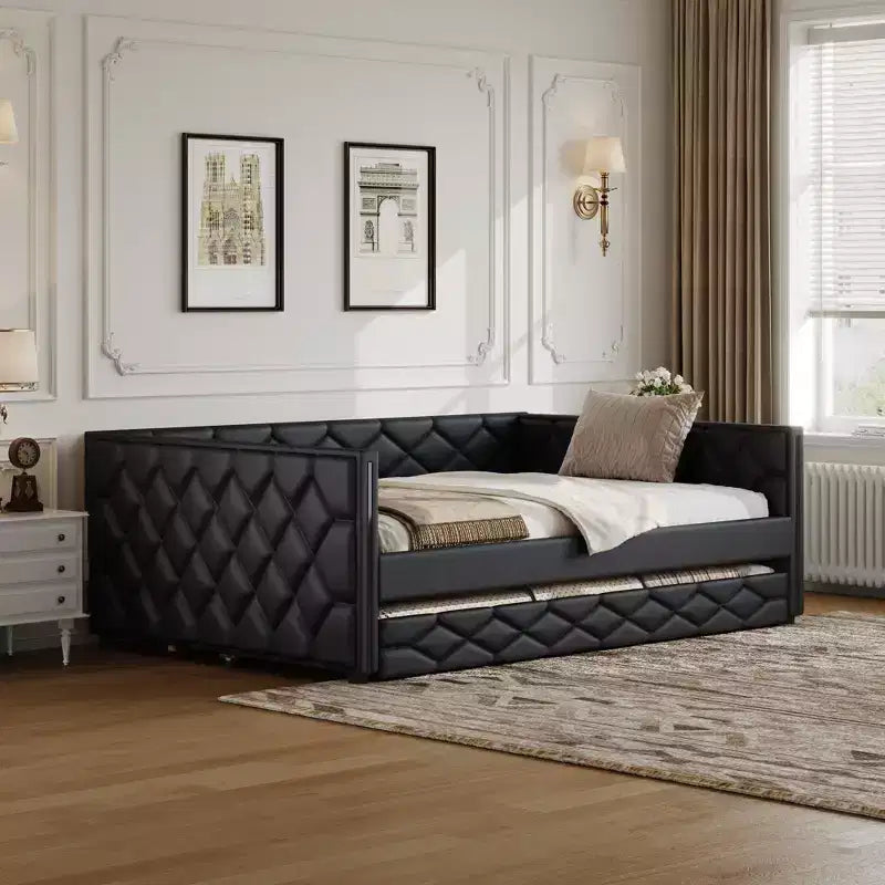 Sofá cama Full XL tapizado con nido – Estructura de pino, cuero de PU, reposabrazos con capitoné