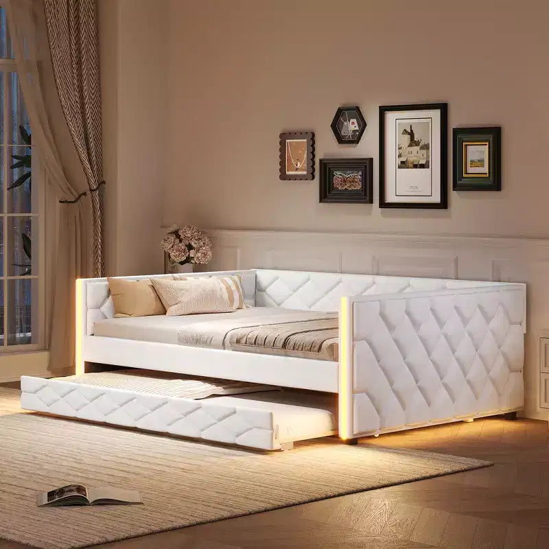 Sofá cama Full XL tapizado con nido – Estructura de pino, cuero de PU, reposabrazos con capitoné