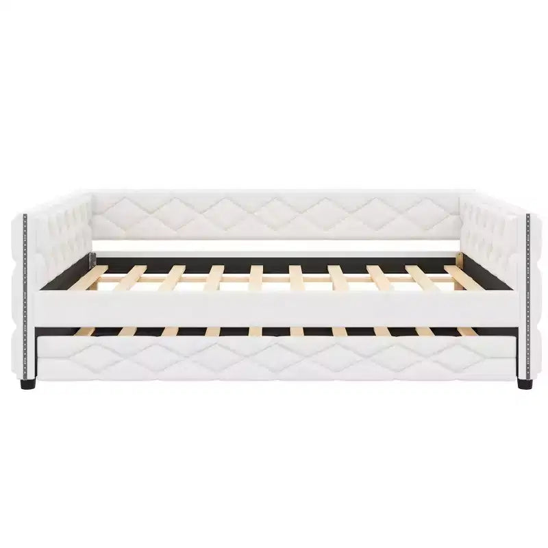 Sofá cama Full XL tapizado con nido – Estructura de pino, cuero de PU, reposabrazos con capitoné