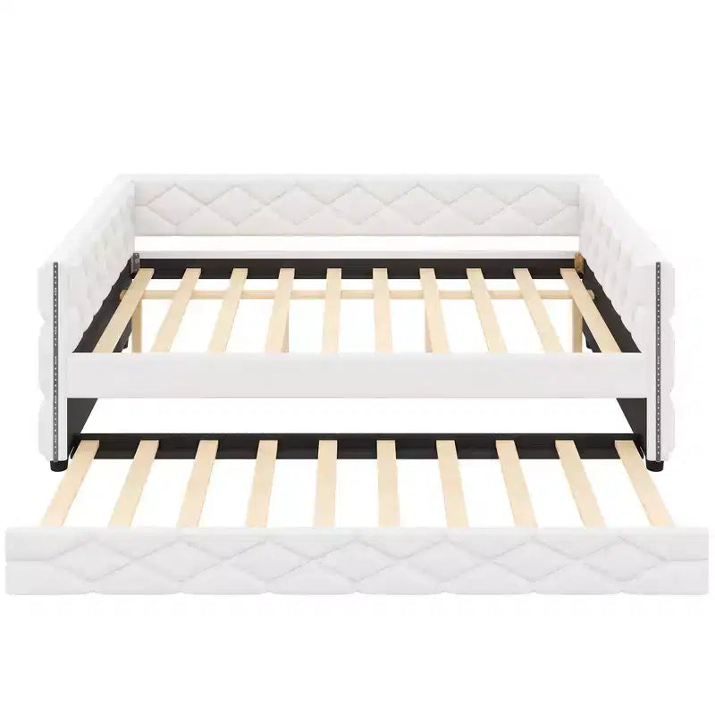 Sofá cama Full XL tapizado con nido – Estructura de pino, cuero de PU, reposabrazos con capitoné