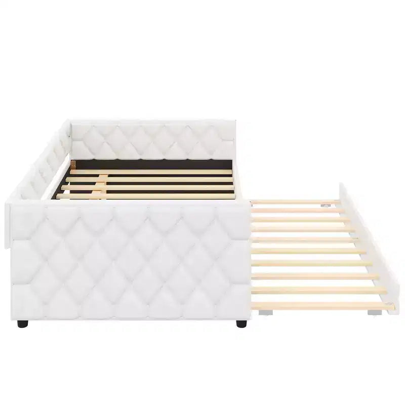 Sofá cama Full XL tapizado con nido – Estructura de pino, cuero de PU, reposabrazos con capitoné