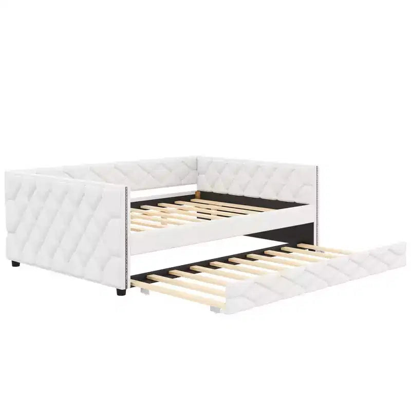 Sofá cama Full XL tapizado con nido – Estructura de pino, cuero de PU, reposabrazos con capitoné