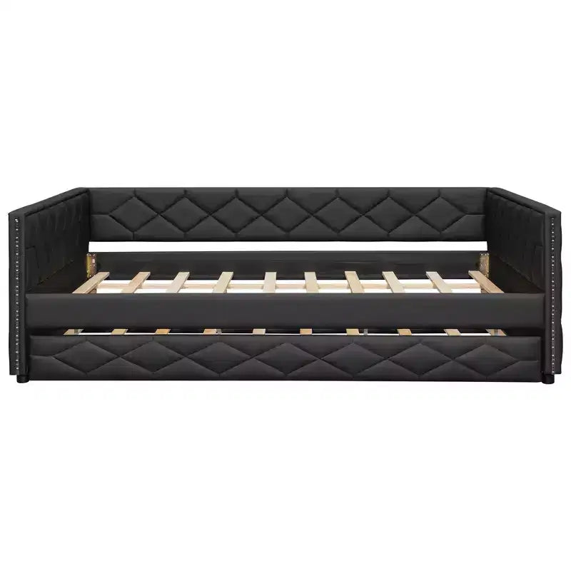 Sofá cama Full XL tapizado con nido – Estructura de pino, cuero de PU, reposabrazos con capitoné