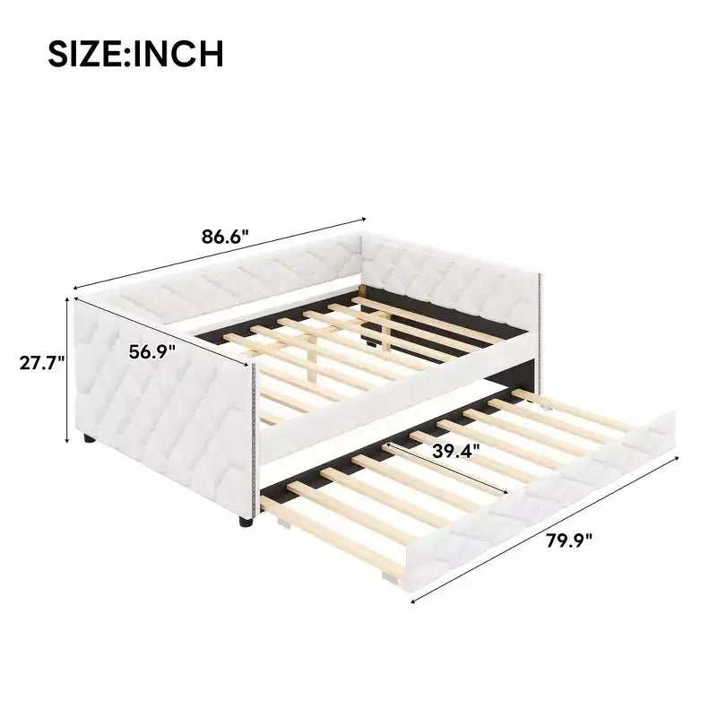 Sofá cama Full XL tapizado con nido – Estructura de pino, cuero de PU, reposabrazos con capitoné