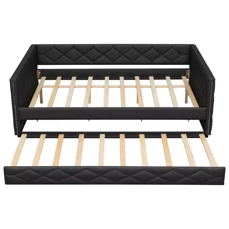 Sofá cama Full XL tapizado con nido – Estructura de pino, cuero de PU, reposabrazos con capitoné