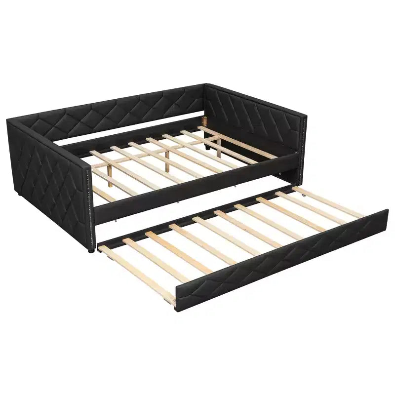 Sofá cama Full XL tapizado con nido – Estructura de pino, cuero de PU, reposabrazos con capitoné