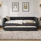 Whisen Full XL Size Upholstered Daybed with Trundle, Sofa Bed, Guest Bed with Solid Pine Wood Frame, PU Leather, Tufted Armrests