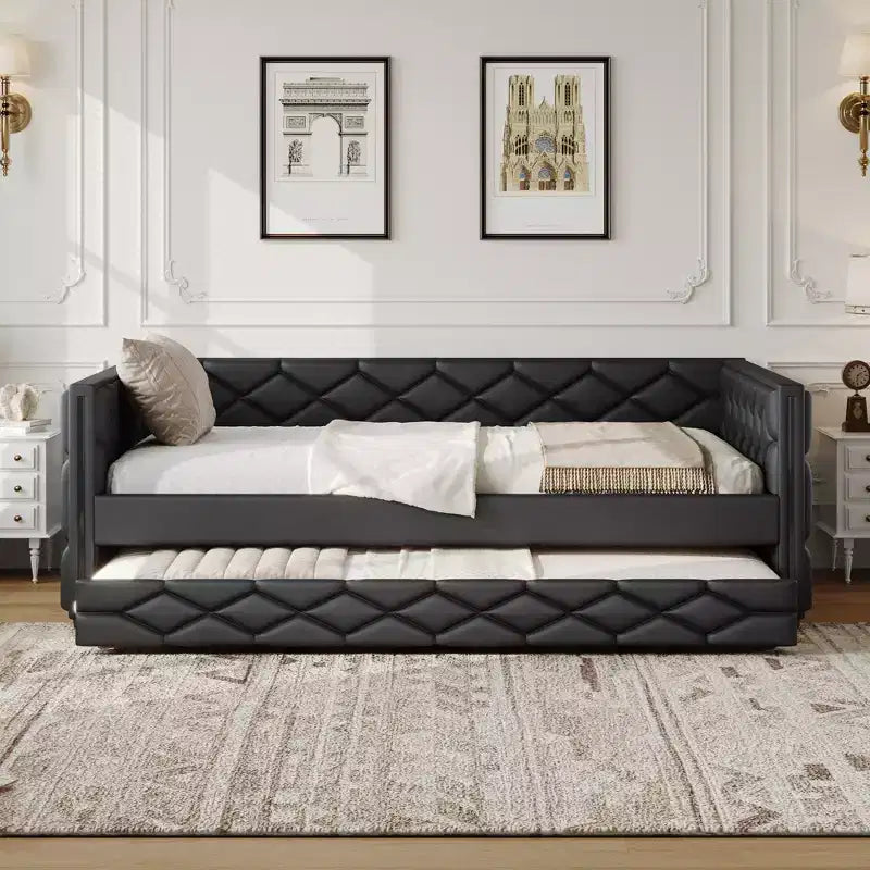 Whisen Full XL Size Upholstered Daybed with Trundle, Sofa Bed, Guest Bed with Solid Pine Wood Frame, PU Leather, Tufted Armrests