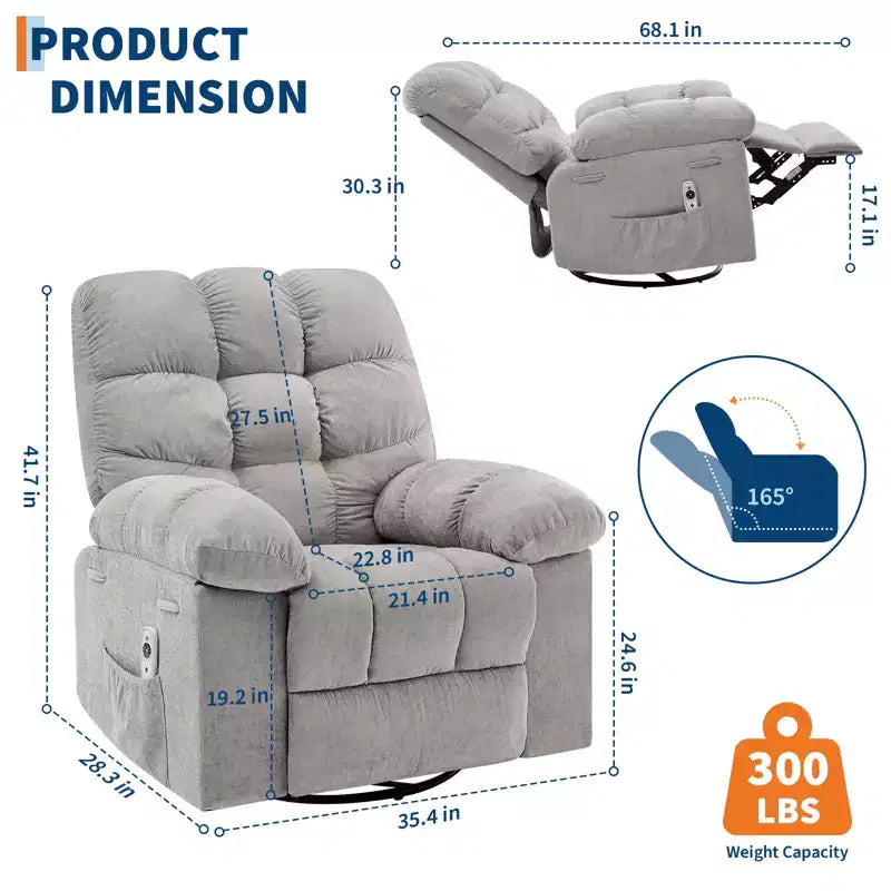 Sillón Reclinable de Masaje con Calor - Mecedora Giratoria 360°, Sofá Individual Grande con Vibración, USB y Bolsillos de Almacenamiento para Sala de Estar/Dormitorio