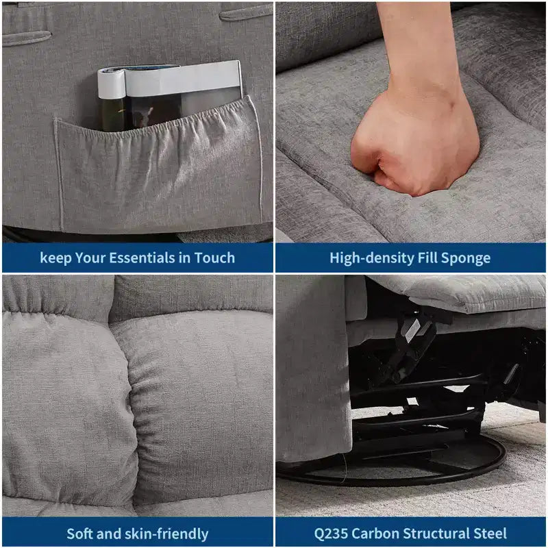 Sillón Reclinable de Masaje con Calor - Mecedora Giratoria 360°, Sofá Individual Grande con Vibración, USB y Bolsillos de Almacenamiento para Sala de Estar/Dormitorio