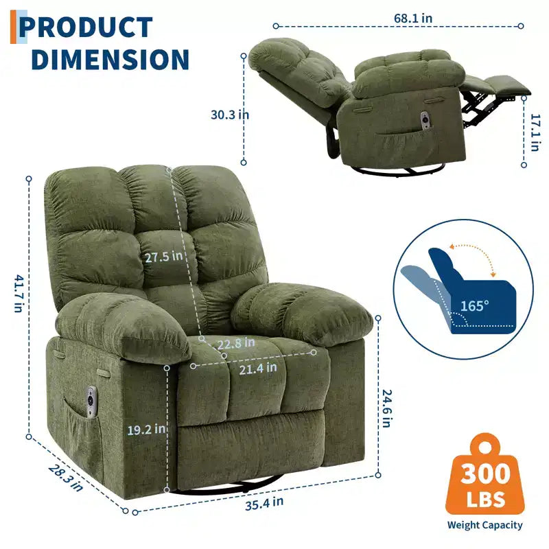Sillón Reclinable de Masaje con Calor - Mecedora Giratoria 360°, Sofá Individual Grande con Vibración, USB y Bolsillos de Almacenamiento para Sala de Estar/Dormitorio