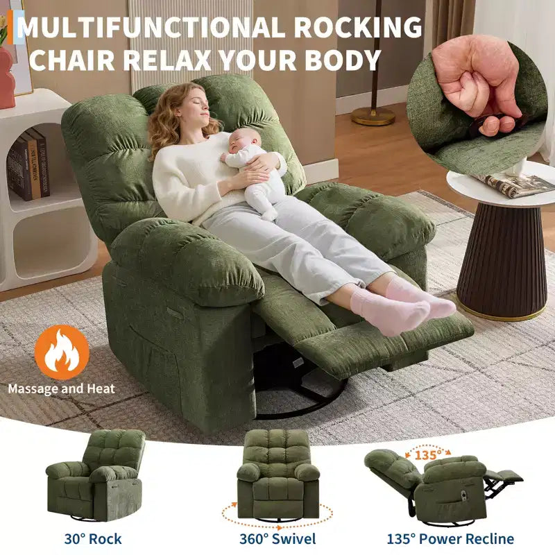 Sillón Reclinable de Masaje con Calor - Mecedora Giratoria 360°, Sofá Individual Grande con Vibración, USB y Bolsillos de Almacenamiento para Sala de Estar/Dormitorio