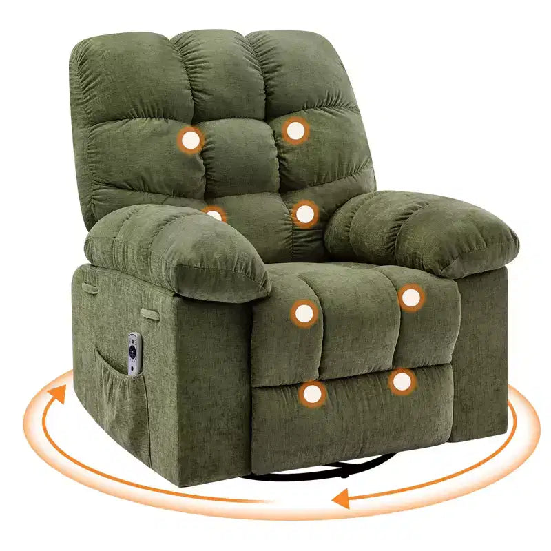 Sillón Reclinable de Masaje con Calor - Mecedora Giratoria 360°, Sofá Individual Grande con Vibración, USB y Bolsillos de Almacenamiento para Sala de Estar/Dormitorio