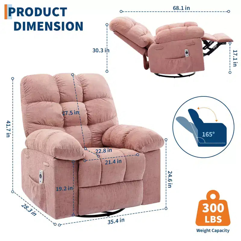 Sillón Reclinable de Masaje con Calor - Mecedora Giratoria 360°, Sofá Individual Grande con Vibración, USB y Bolsillos de Almacenamiento para Sala de Estar/Dormitorio