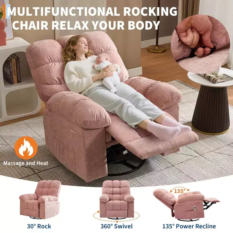 Sillón Reclinable de Masaje con Calor - Mecedora Giratoria 360°, Sofá Individual Grande con Vibración, USB y Bolsillos de Almacenamiento para Sala de Estar/Dormitorio