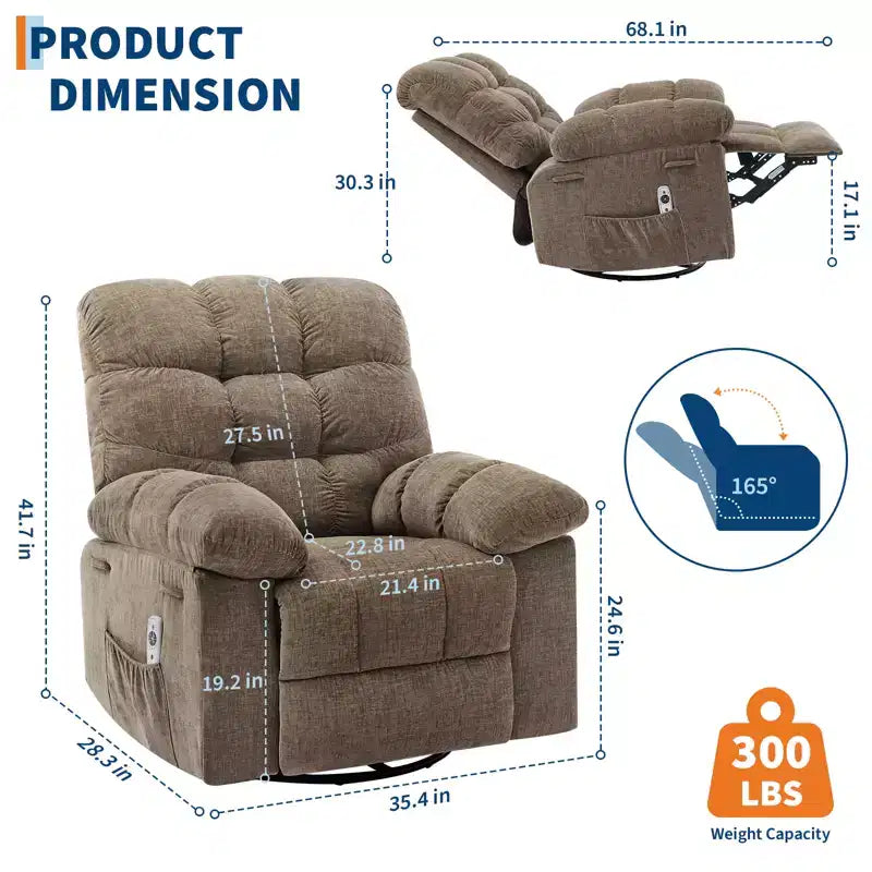 Sillón Reclinable de Masaje con Calor - Mecedora Giratoria 360°, Sofá Individual Grande con Vibración, USB y Bolsillos de Almacenamiento para Sala de Estar/Dormitorio