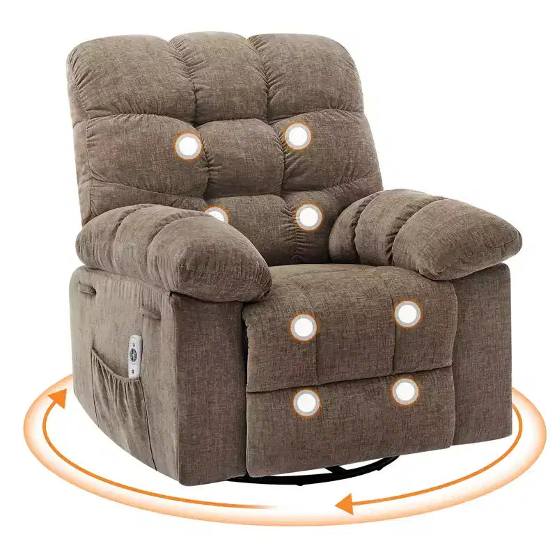 Sillón Reclinable de Masaje con Calor - Mecedora Giratoria 360°, Sofá Individual Grande con Vibración, USB y Bolsillos de Almacenamiento para Sala de Estar/Dormitorio