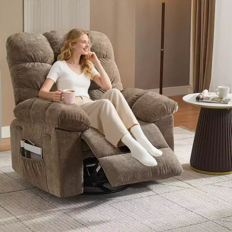 Massage Recliner Chair with Heat - 360 Swivel Rocker, Oversized Single Sofa w/ Vibration, USB & Storage Pockets for Living Room/Bedroom