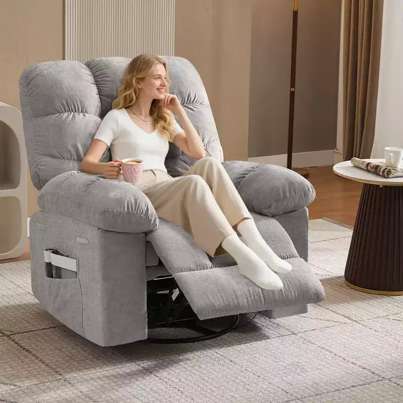 Sillón Reclinable de Masaje con Calor - Mecedora Giratoria 360°, Sofá Individual Grande con Vibración, USB y Bolsillos de Almacenamiento para Sala de Estar/Dormitorio