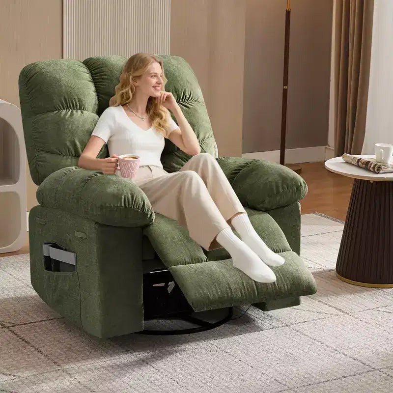 Sillón Reclinable de Masaje con Calor - Mecedora Giratoria 360°, Sofá Individual Grande con Vibración, USB y Bolsillos de Almacenamiento para Sala de Estar/Dormitorio